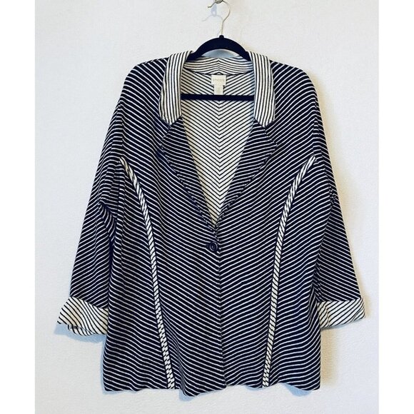 Chicos Sweater Womens XL Black Striped Esther Blazer Cardigan Silk Blend - Picture 1 of 8